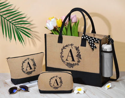 Personalized Gifts for Women Tote Bag, Initial Jute Tote Bag & Makeup Bags Monogrammed Beach Bag w/ Zipper, Mothers Day Birthday Gifts for Women Her Friends Mom Daughter Sister Grandma Teacher Nurse