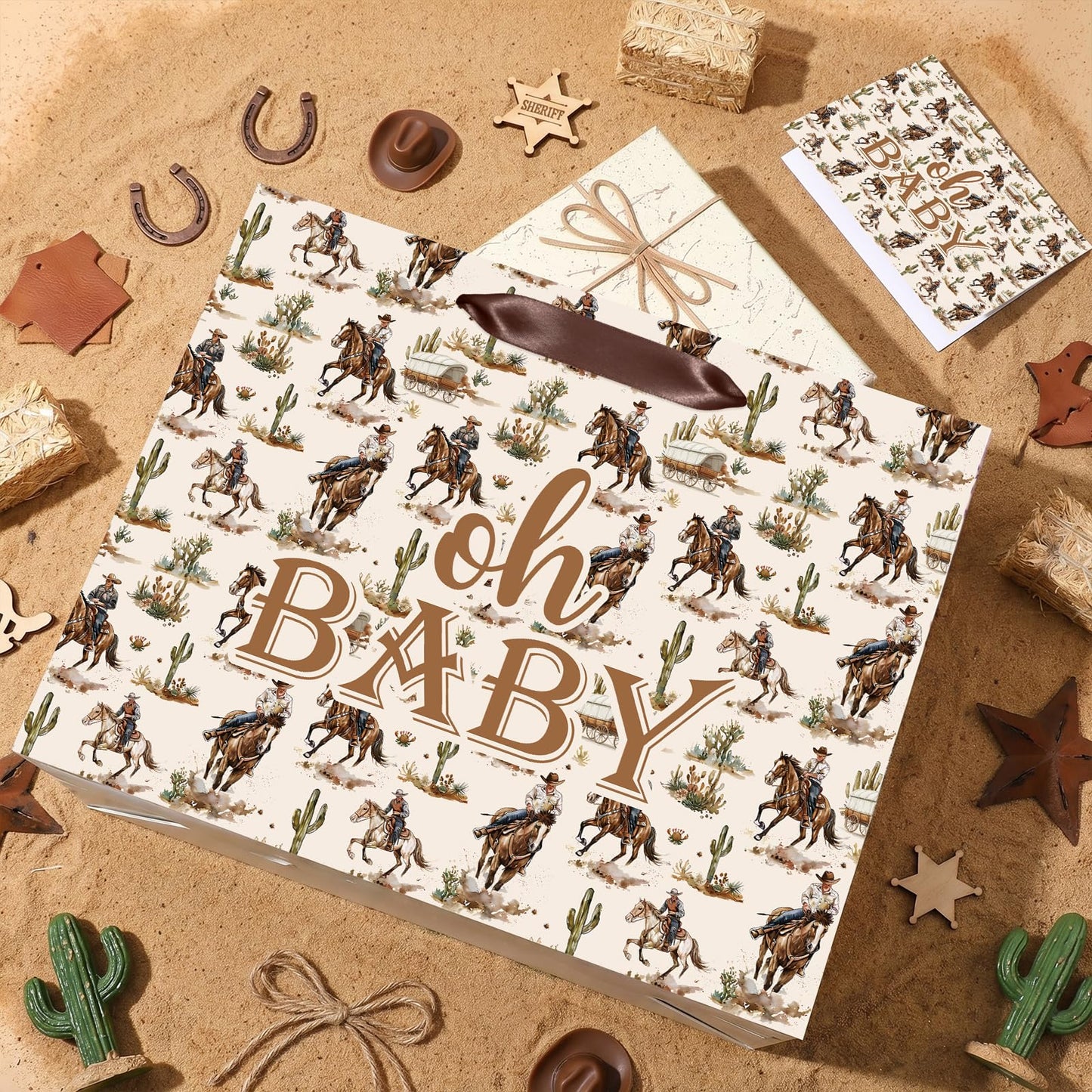 Woosytoo Cowboy Baby Gift Bag with Card Tissue Papers, Western Rodeo Baby Shower Wrapping Paper Bag Wild West Horse Present Bags for Newborn Congratulations Gifts Gender Reveal Party Favors