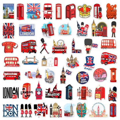 British London Style Stickers 50 Pcs Vinyl Decals for Water Bottles Kids Teens Adults Laptop Luggage Cup Computer Journal Wall Helmet Guitar Decoration Graffiti Sticker