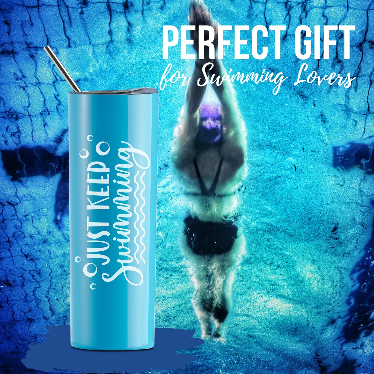 Onebttl Swimming Gifts, Swimmer Stainless Steel 20oz Skinny Tumbler for Women, Men, Teen Girls, Teammate, Coach, Blue - Just Keep Swimming