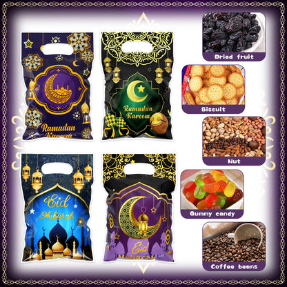 50pcs Eid Mubarak Gift Bags with Die Cut Handles, 4 designs - Golden Crescent Moon Lantern Muslim Mosque Print Goodie Candy Snack Plastic Gift Bags Pouch for Eid Al-fitr Ramadan Islamic Diwali Party