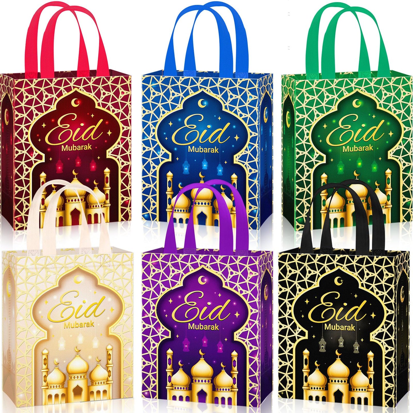 Clysee 24 Pcs Eid Mubarak Reusable Gift Bags With Handles - 6 Colors Non-Woven Ramadan Treat Bags - 10.2 x 8.3 x 3.9 Inch Tote for Gifts Wrapping