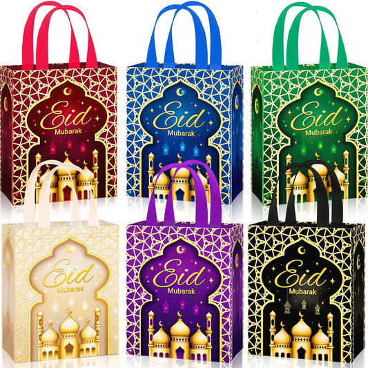 Clysee 24 Pcs Eid Mubarak Reusable Gift Bags With Handles - 6 Colors Non-Woven Ramadan Treat Bags - 10.2 x 8.3 x 3.9 Inch Tote for Gifts Wrapping