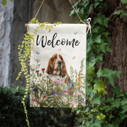 Spring Summer Garden Flag Floral Basset Hound Yard Flag Flower Dog Garden Flags for Outside Small Outdoor Welcome Flags 12x18 Double Sided