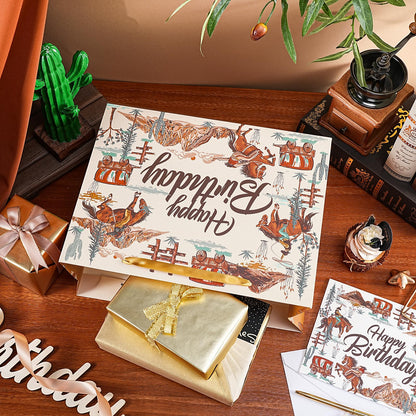 WRAPAHOLIC 13" Cowboy Birthday Gift Bags with Tissue Paper and Card - Brown Cowboy Theme Paper Bags for Men Birthday Western Theme Party Rodeo Stuffer