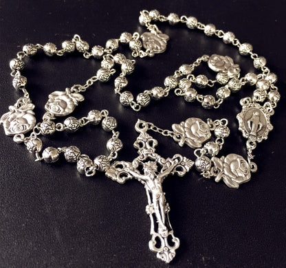 elegantmedical HANDMADE Silver rose beads Catholic 5 DECADE Rosary case Cross Gift Box Italy crucifix cross