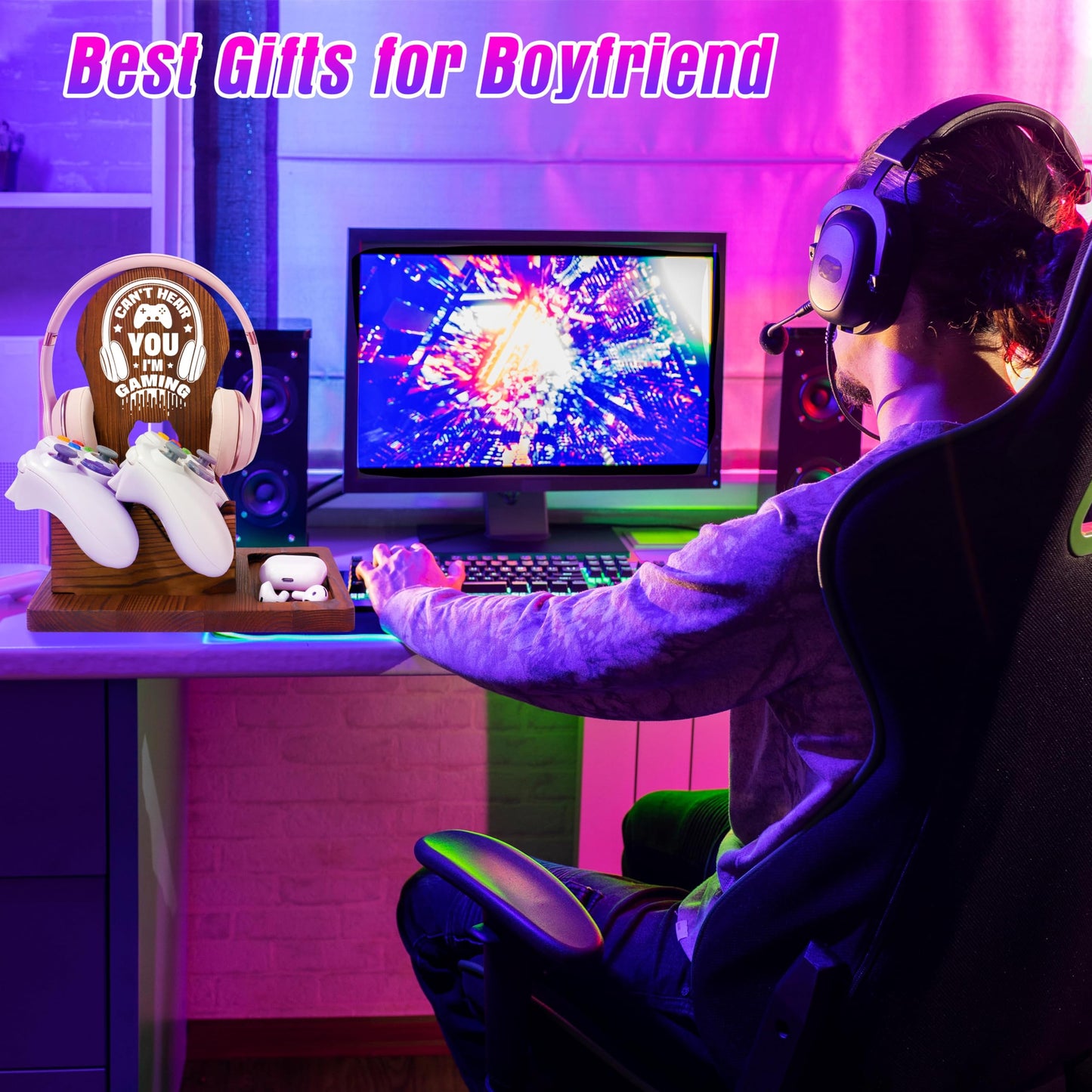 Boyfriend Ideas Gifts, Valentines Fathers Anniversary Christmas Birthday Gifts for Boyfriend Wooden Headphone Stand