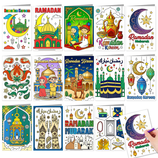 HOWAF 14pcs Ramadan Coloring Cards for Kids, Eid Ramadan Mubarak Coloring Greeting Cards Color Your Own Ramadan Kareem Gift Card, Muslim Kareem Party Favors Color Card