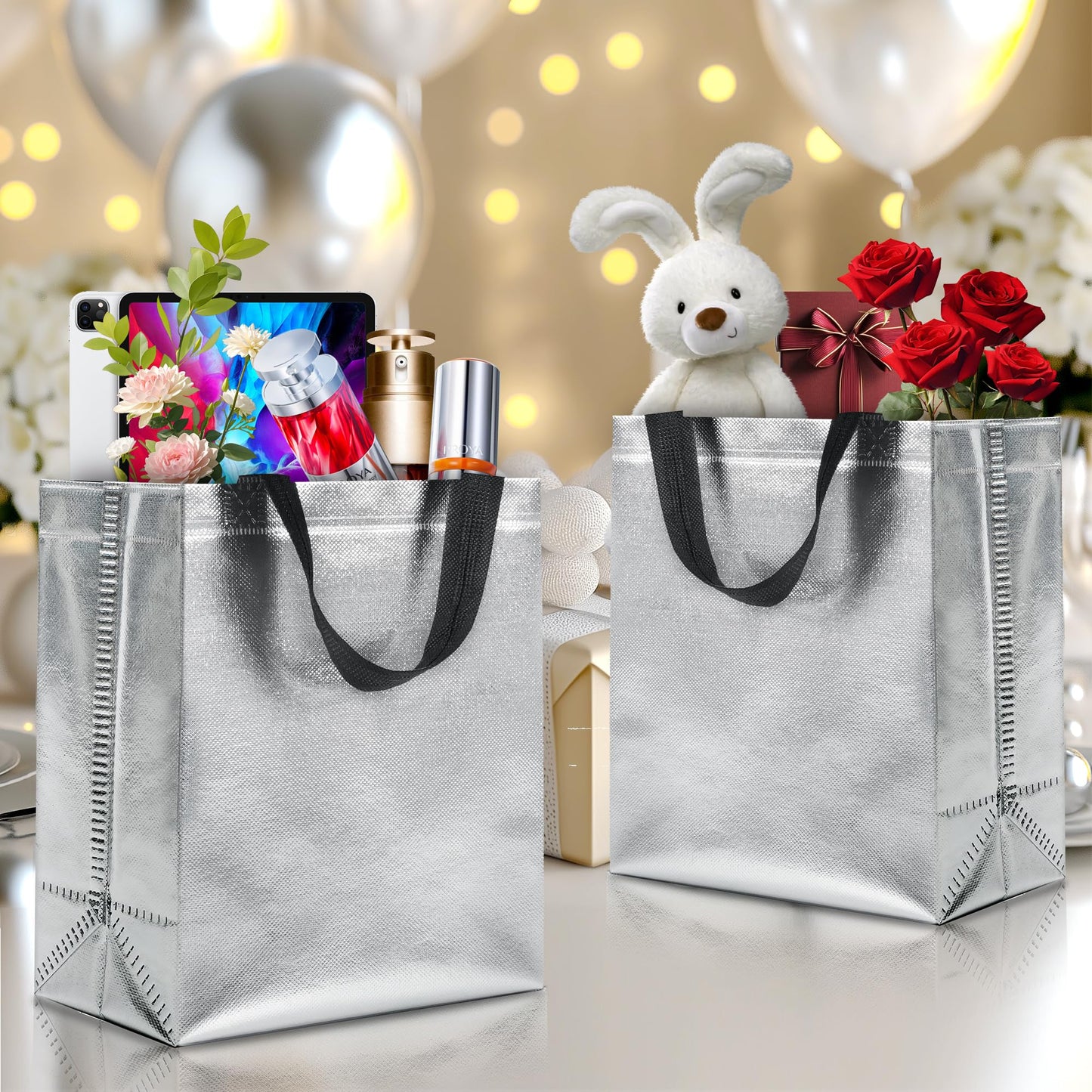 KeerxunBag 12pcs Reusable Gift Bags（Includes Tissue Paper） Gift bag with handle Birthdays Parties Holidays Weddings Medium 10x4x8in silver Gift Bags