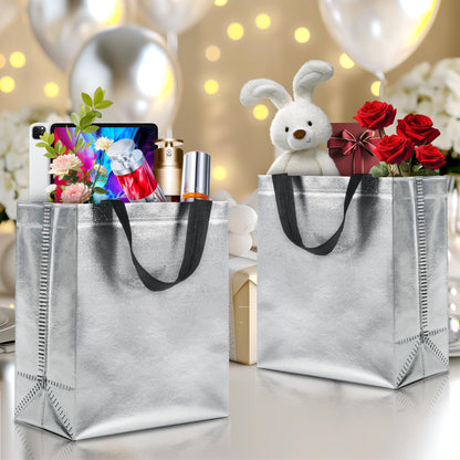 KeerxunBag 12pcs Reusable Gift Bags（Includes Tissue Paper） Gift bag with handle Birthdays Parties Holidays Weddings Medium 10x4x8in silver Gift Bags