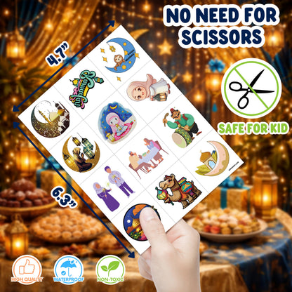 96 PCS Funny Happy Eid Al Adha Ramadan Kareem Mubarak Pre-cut Temporary Tattoos Sticker Birthday Moon Star Party Decorations Supplies Favors Boys Girl Cute Fake Tattoo School Reward Themed Festival