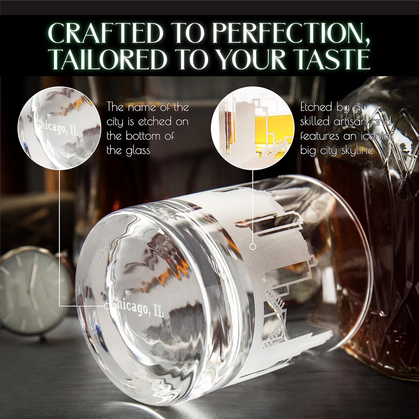 Greenline Goods Skyline Etched Chicago Whiskey Glasses Gift (Set of 2) | Old Fashioned Tumbler – For Chicago Lovers - Windy City Accessories and Souvenirs - Illinois Glassware Decor