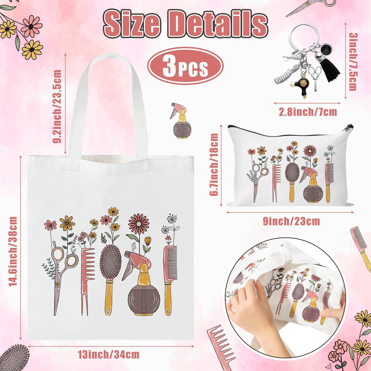 Y1tvei Hairdresser Canvas Bag Gift - 3Pcs Aesthetic Hair Stylist Canvas Tote Bag Cosmetic Pouch Keychain, Comb Scissors Print Set, Reusable Grocery Folding Shopping Handbag for Hairdresser