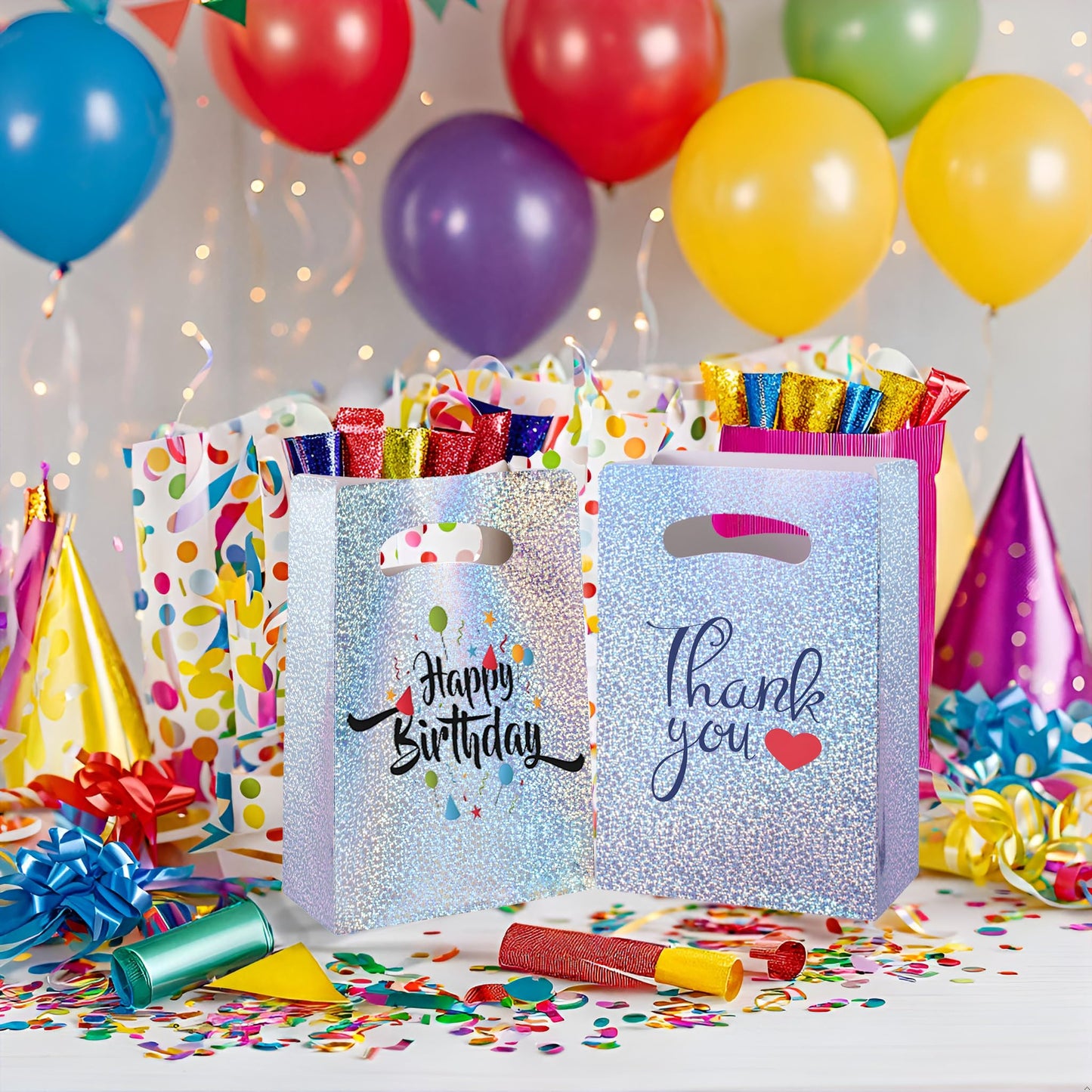 UnicoPak 16 Pack Premium Iridescent Party Favor Bags - 6x3x9 Glitter Goodie Bags for Birthday Party, Wedding - Sturdy Holographic Gift Bags with Auto-lock Bottom, Customizable for Treats & Cookies