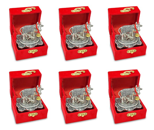NOBILITY Pooja Items Diwali Gift Antique Silver Small Kamdhenu Cow and Calf with Red Box Metal Statue Decorative Item Showpiece for Home Office Decoration Wedding Return Gifts 6 Pcs