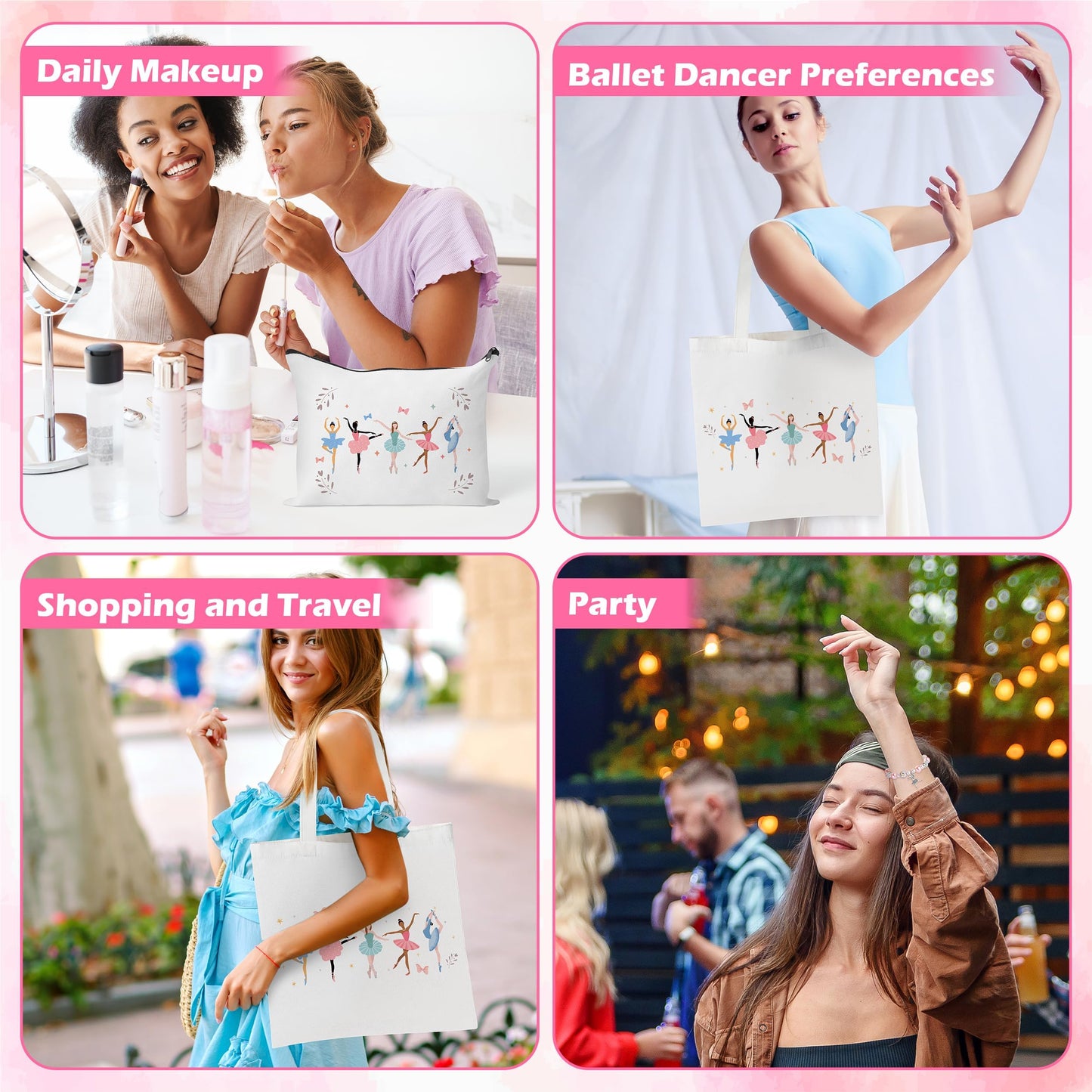 Y1tvei Cute Ballerina Canvas Bags Kit- Ballet Dancing Girl Recital Gifts with Tote bag Makeup Pouch Stickers Bracelet Card