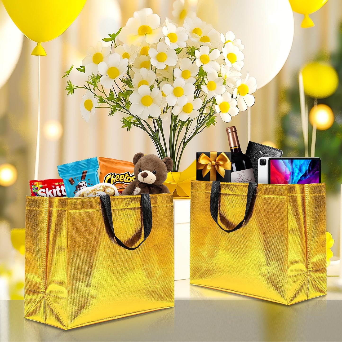 KeerxunBag 12Pcs Reusable Gift Bags（Includes Tissue Paper） Gift bag with handle Birthdays Parties Holidays Weddings Medium 13x5x11in Golden Yellow Gift Bags