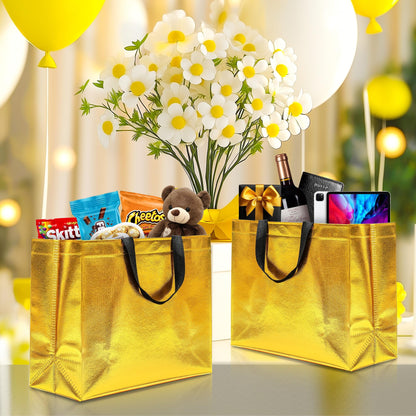 KeerxunBag 12Pcs Reusable Gift Bags（Includes Tissue Paper） Gift bag with handle Birthdays Parties Holidays Weddings Medium 13x5x11in Golden Yellow Gift Bags