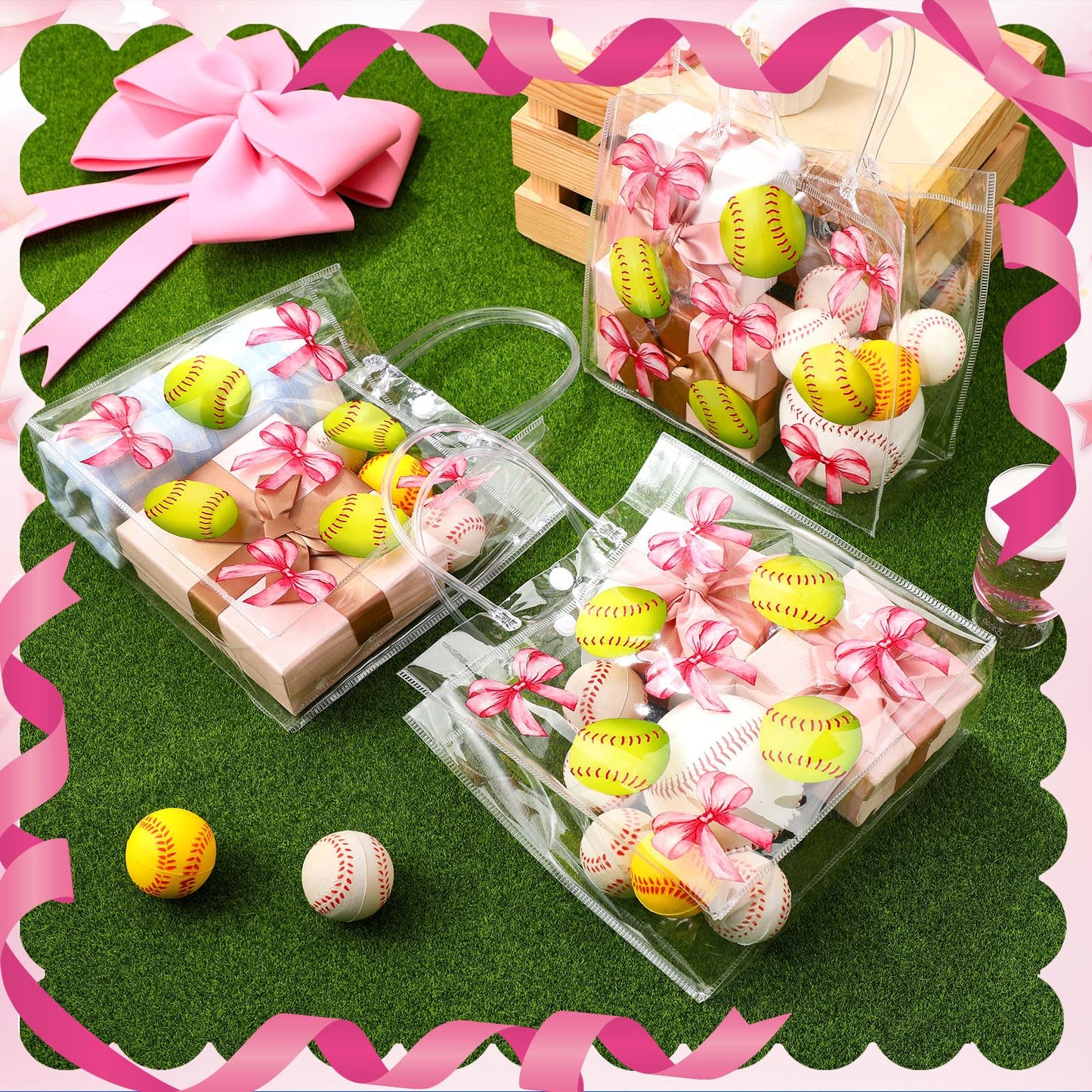 Teenyyou 24 Pcs Softball Clear Gift Bag with Handles Plastic Soft Ball Goodie Sport Theme Party Favor Team Treat Bag with Pink Bow for Birthday Team Snack, 8 x 8 x 3.15 Inches