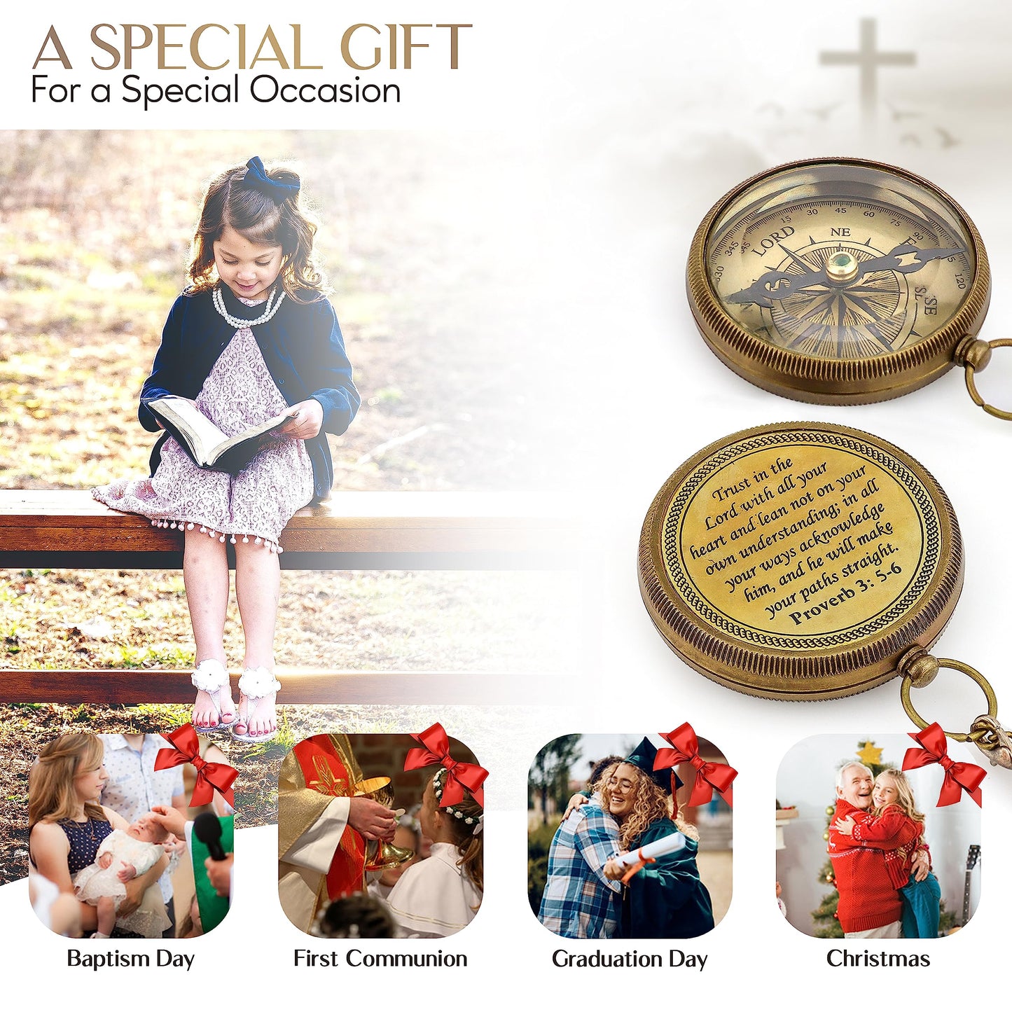 God is My Guide Brass Compass Gift with Display Box - Engraved Scripture Prayer Compass Religious Gift for Men & Women - Baptism, Confirmation, Communion Compass for Boys Graduation Gift