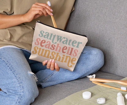 Beach Makeup Bag,Sunscreen Summer Travel Makeup Pouch,Saltwater Seashells Sunshine Travel Cosmetic Zipper Bags for Women,Beach Gifts for Women