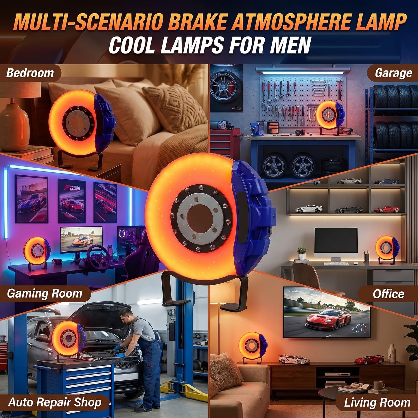 WILLBOND Brake Disc LED Lamp Cool Lamps for Men, Rechargeable Ambient Touch Night Light Unique Gifts for Him Dad Car Lover Fathers Day Birthday Holiday Room Office Home Decor(Blue - Orange Yellow)