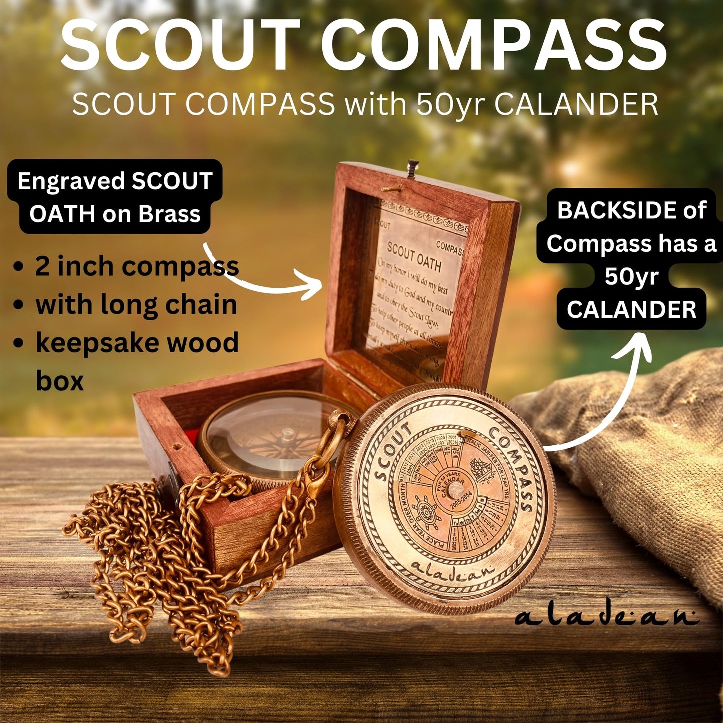 Scout Compass Gift Boys - Engraved Scout Oath Compass in wood Box Scout Always Prepared Camping Orienteering Compass, Hiking Backpacking Compass gift, 50 year calander