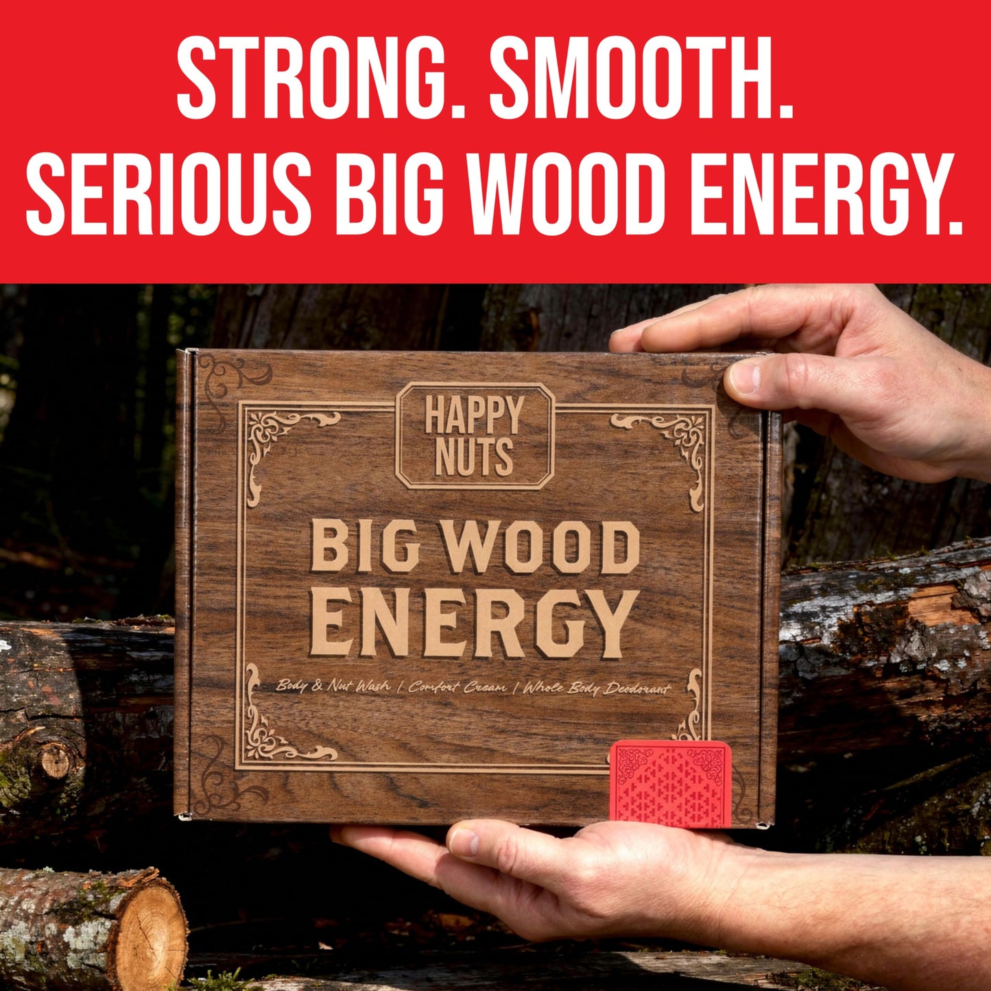 HAPPY NUTS Mens Gift Hygiene Kit - Big Wood Energy Box Men's Gift - Whole Body Deodorant, Moisturizing Body Wash, Anti-Chafing Comfort Cream - Body & Shower Gift Set Self Care For His Total Package