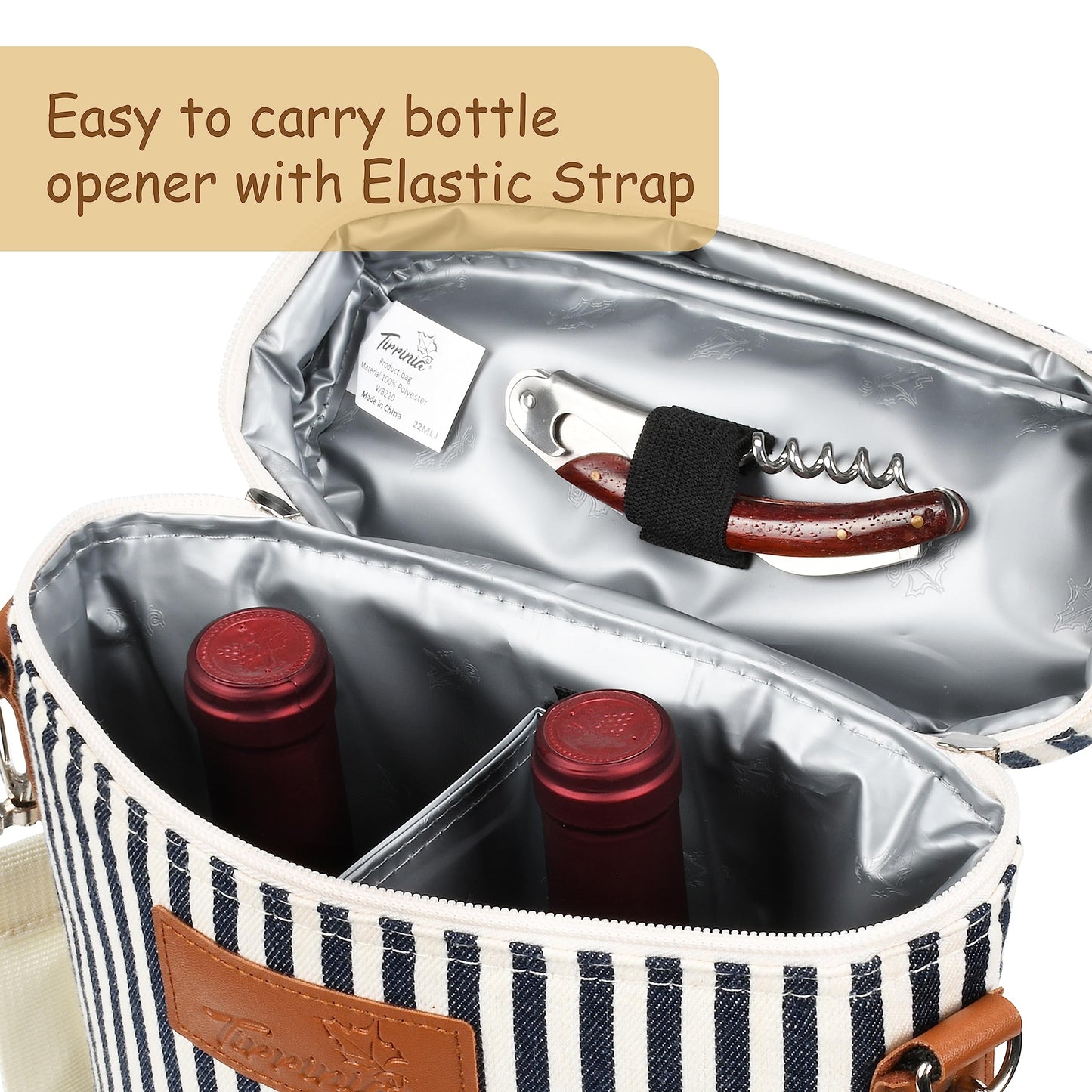 Tirrinia 2 Bottle Insulated Wine Tote Carrier - Leakproof, Padded Cooler Bag for Travel, BYOB, Tasting, Parties - Great Gift for Wine Lovers, Striped