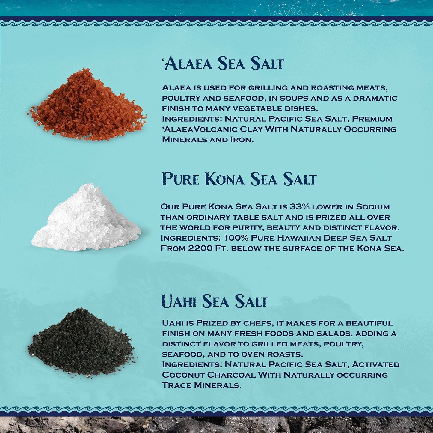 Three Tin Gift Box of Hawaiian Sea Salts, Alaea Red, Kona White and Uahi Black Salts