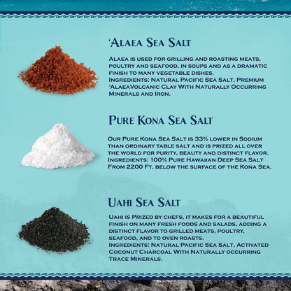 Three Tin Gift Box of Hawaiian Sea Salts, Alaea Red, Kona White and Uahi Black Salts