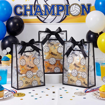 Aliceset 12 Pcs Volleyball Clear Goodie Bag with Die Cut Handles and Ribbons Volleyball Theme Party Favor Bags for Team Snack Gifts Wrapping Birthday Sport Party Treats Supplies, 7 x 10 x 3.15 Inch