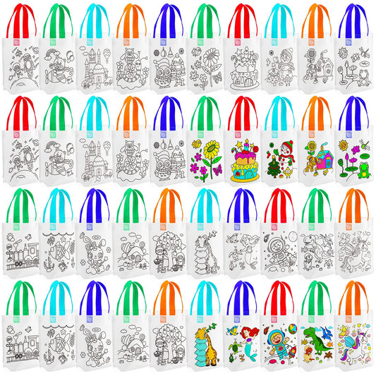 BBTO 100 Pcs Coloring Goodie Bags Cute Cartoon Reusable Party Favor Paint Non Woven Goodie Bags for Kids Birthday Party Art DIY Crafts Supplies, 20 Styles