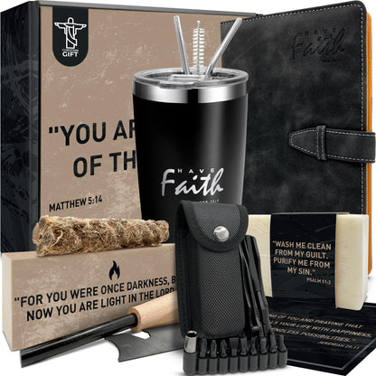 DEHITE Christian Gifts for Men - Religious Gift Basket for Men - Insulated Tumbler - Black Premium Faux Leather Notebook - Multitool Pocket Knife - Christian Gift Box for Father
