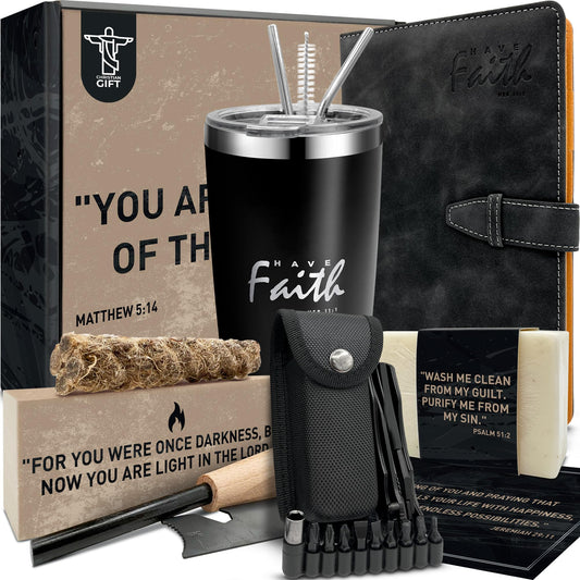 DEHITE Christian Gifts for Men - Religious Gift Basket for Men - Insulated Tumbler - Black Premium Faux Leather Notebook - Multitool Pocket Knife - Christian Gift Box for Father