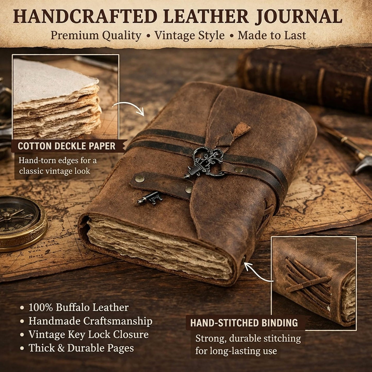 cuero Vintage Leather Journal - Antique Handmade Leather Bound journal with deckle edge paper for Men And Women Diary - Leather Sketchbook - Drawing Journal Notebook - Great Gift (5 by 7 inch)