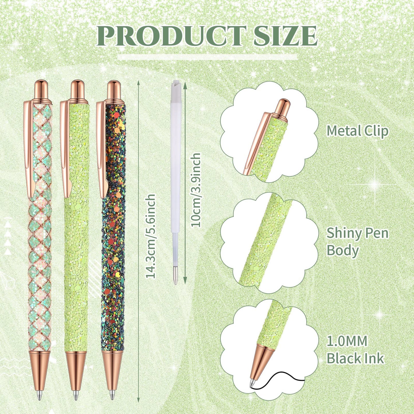 Sherr 7 Pcs Fancy Pens for Women Cute Sparkly Glitter Pens with 10 Pcs Black Ink Refills Pretty Gifts for Girls Office School Christmas Graduation(Fresh)