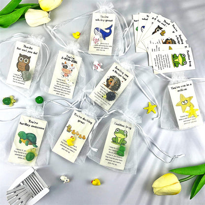 32 Set Employee Appreciation Gift Bulk 32 PCS Cards Organza Bags Funny Resin Animal Figures Hedgehog Cow Owl Duck Turtle Starfish Frog Whale for Coworkers Staff Office Favors 96 PCS