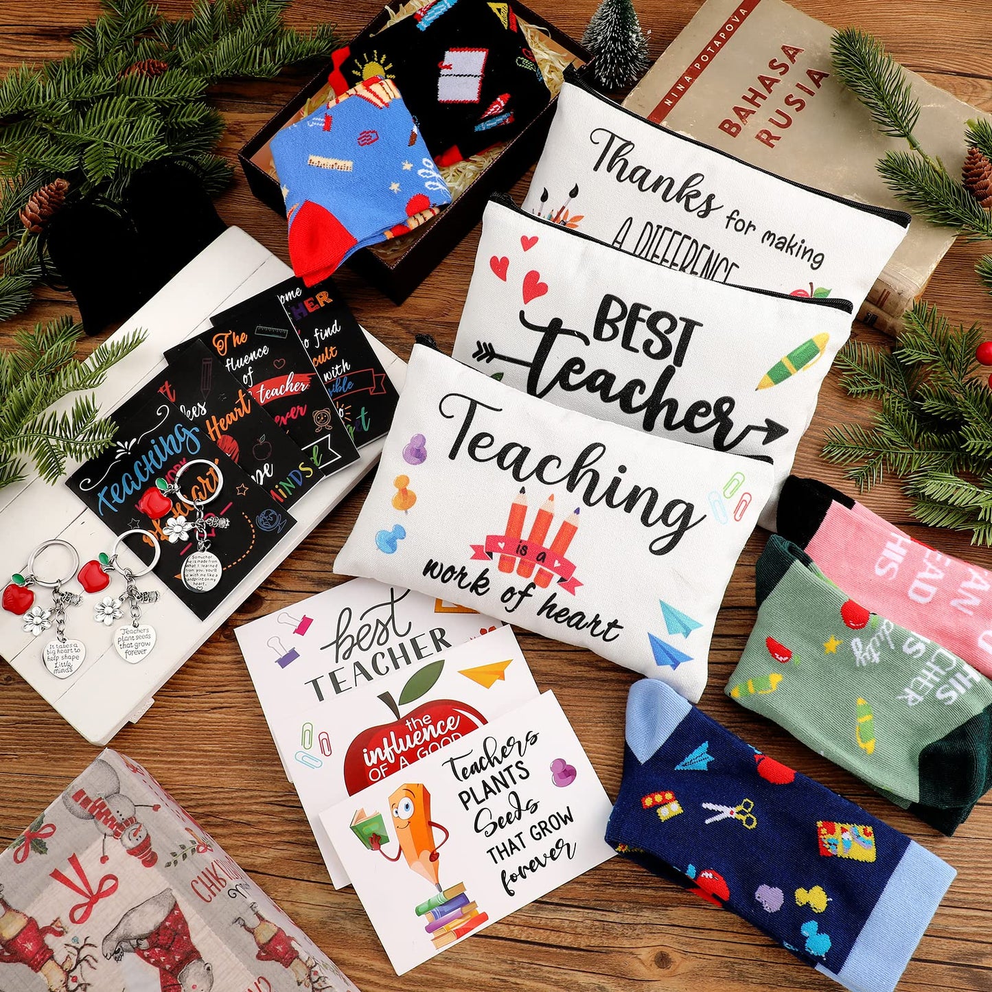 Eaasty 36 Sets Teacher Graduation Gifts Bulk Makeup Pouch Cosmetic Pencil Bag Keychains Inspirational Notebooks Cards and Socks for Teacher Appreciation Graduation Gifts