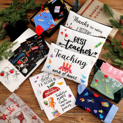 Eaasty 36 Sets Teacher Graduation Gifts Bulk Makeup Pouch Cosmetic Pencil Bag Keychains Inspirational Notebooks Cards and Socks for Teacher Appreciation Graduation Gifts