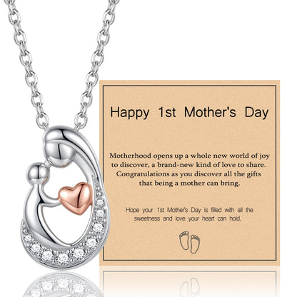 Sereney First Mothers Day Gifts for New Mom Necklace, New Mom Gifts as 1st Mothers Day Necklace for Women, White Gold Plated Hugging Heart Pendant as Hypoallergenic Mother Jewelry for New Mommy
