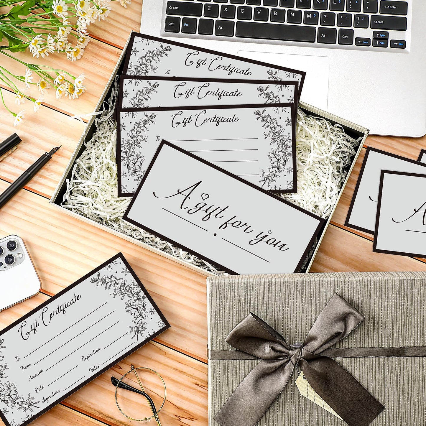 Spiareal 50 Pcs Blank Gift Certificates for Small Businesses 3.75 x 7.5 Inches Double Sided Kraft Black Foil Certificate Cards Paper Vouchers for Hair Salons Spa Restaurants(Grey)