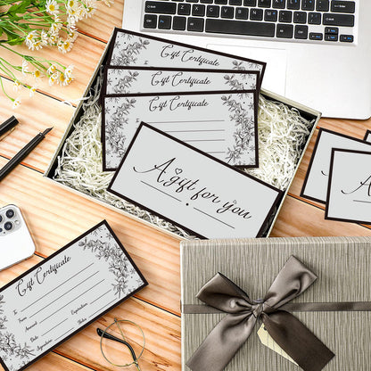 Spiareal 50 Pcs Blank Gift Certificates for Small Businesses 3.75 x 7.5 Inches Double Sided Kraft Black Foil Certificate Cards Paper Vouchers for Hair Salons Spa Restaurants(Grey)