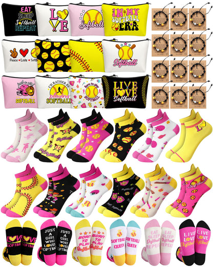 48 Pcs Softball Team Gifts for Women Include Cosmetic Bags Socks Bracelets and Cards for Teen Girls Players Coach