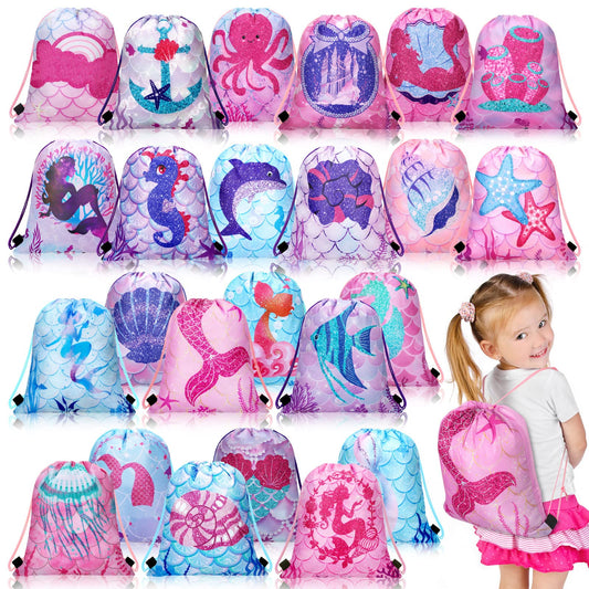 Shappy 24 Pack Drawstring Party Favors Bags Cartoon Animal Candy Goodie for Boys Birthday Kids Gift Return Girls Supplies(Mermaid)