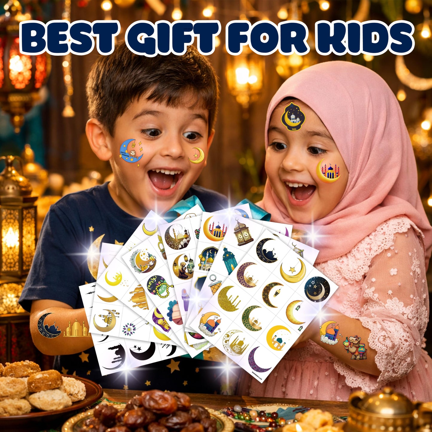 96 PCS Funny Happy Eid Al Adha Ramadan Kareem Mubarak Pre-cut Temporary Tattoos Sticker Birthday Moon Star Party Decorations Supplies Favors Boys Girl Cute Fake Tattoo School Reward Themed Festival