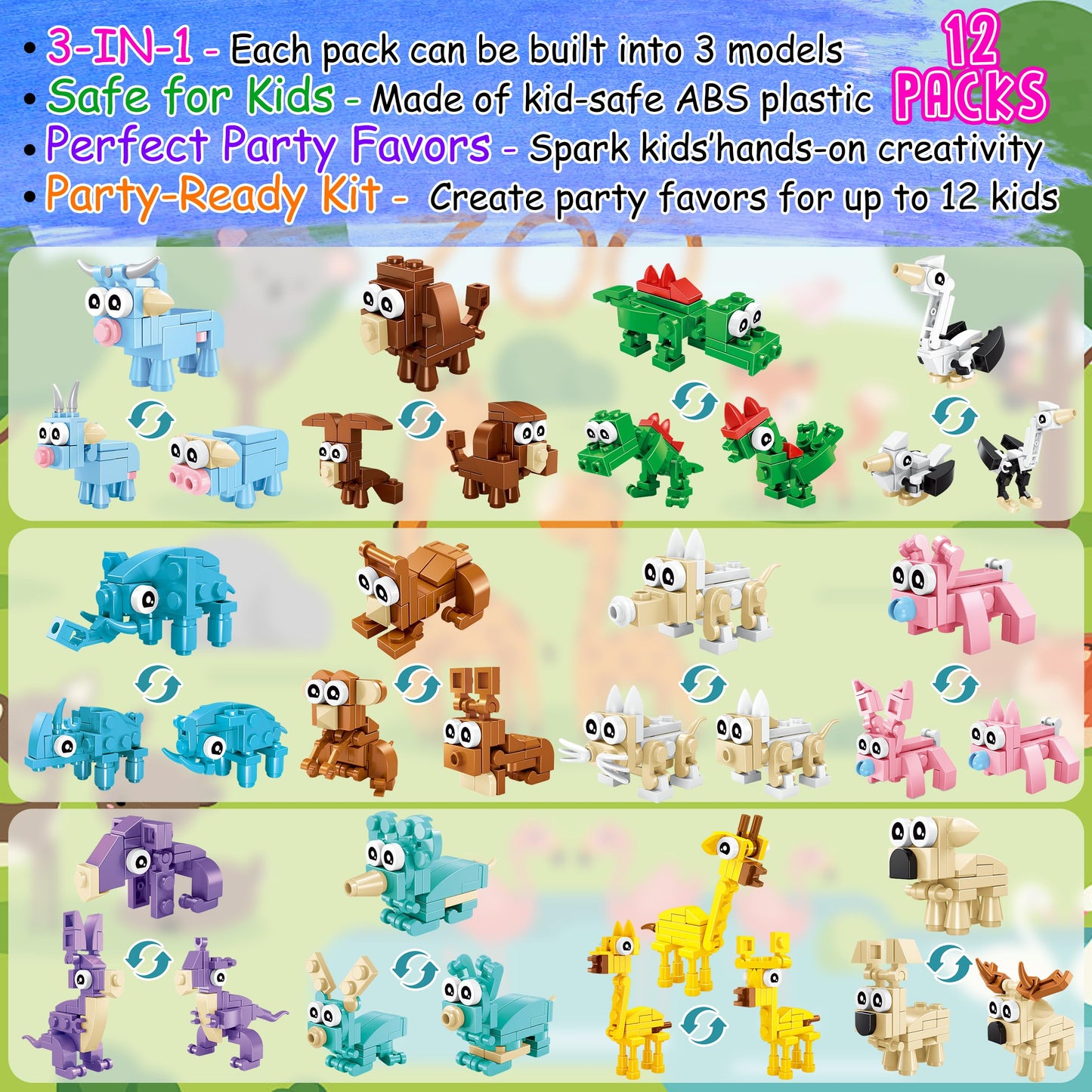 LINAYE 12 Packs Building Blocks Party Favors - 122 Pcs Birthday Party Favors Supplies with Goodie Bags, Animals Building Blocks, Notebooks, Tattoo Stickers Sheets Gift Bag Stuffers for Kids