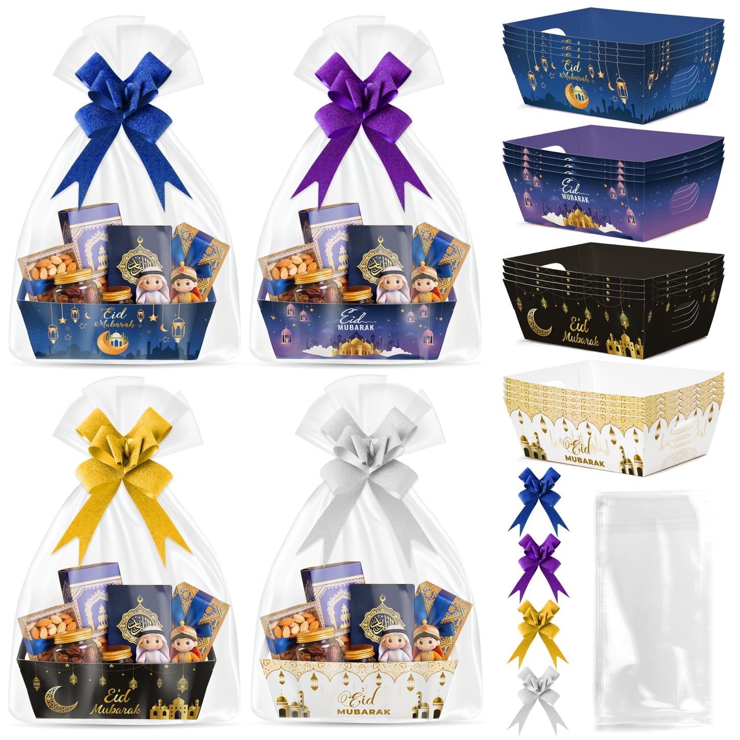 OSNIE Eid Mubarak Gift Bag Empty Baskets - 24 Sets Islamic Eid Gold Lantern and Moon Party Gift Baskets Empty with Cellophane Bags and Ribbons Bows for Festivals Holiday Business Carnival (4 Styles)