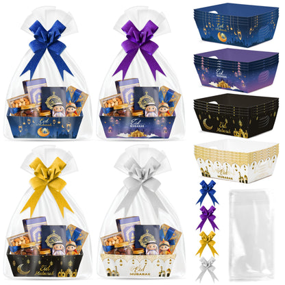 OSNIE Eid Mubarak Gift Bag Empty Baskets - 24 Sets Islamic Eid Gold Lantern and Moon Party Gift Baskets Empty with Cellophane Bags and Ribbons Bows for Festivals Holiday Business Carnival (4 Styles)