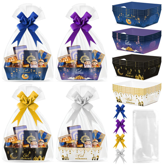 OSNIE Eid Mubarak Gift Bag Empty Baskets - 24 Sets Islamic Eid Gold Lantern and Moon Party Gift Baskets Empty with Cellophane Bags and Ribbons Bows for Festivals Holiday Business Carnival (4 Styles)